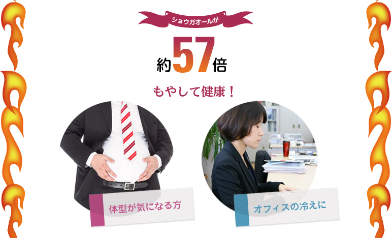 ショウガーオールが約57倍　もやして健康！体型が気になる方　オフィスの冷えに